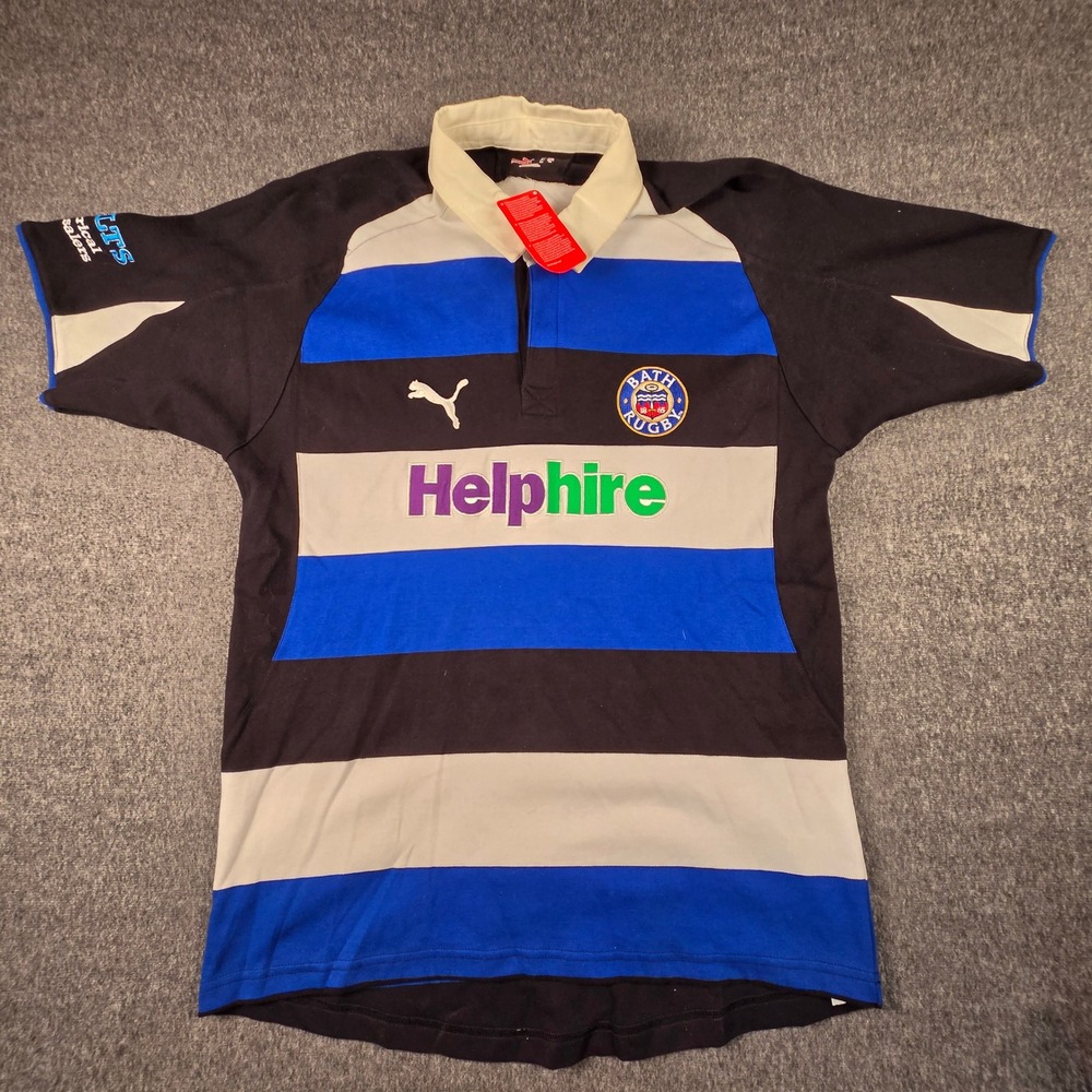 Puma Bath Rugby Jersey Mens Large Blue Black White Striped Helphire Shirt NWT - Picture 2 of 14